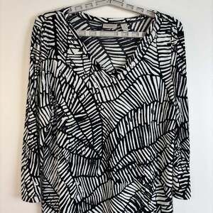 Easywear by Chico's lightweight v-neck tunic womens M 3/4 sleeve black white